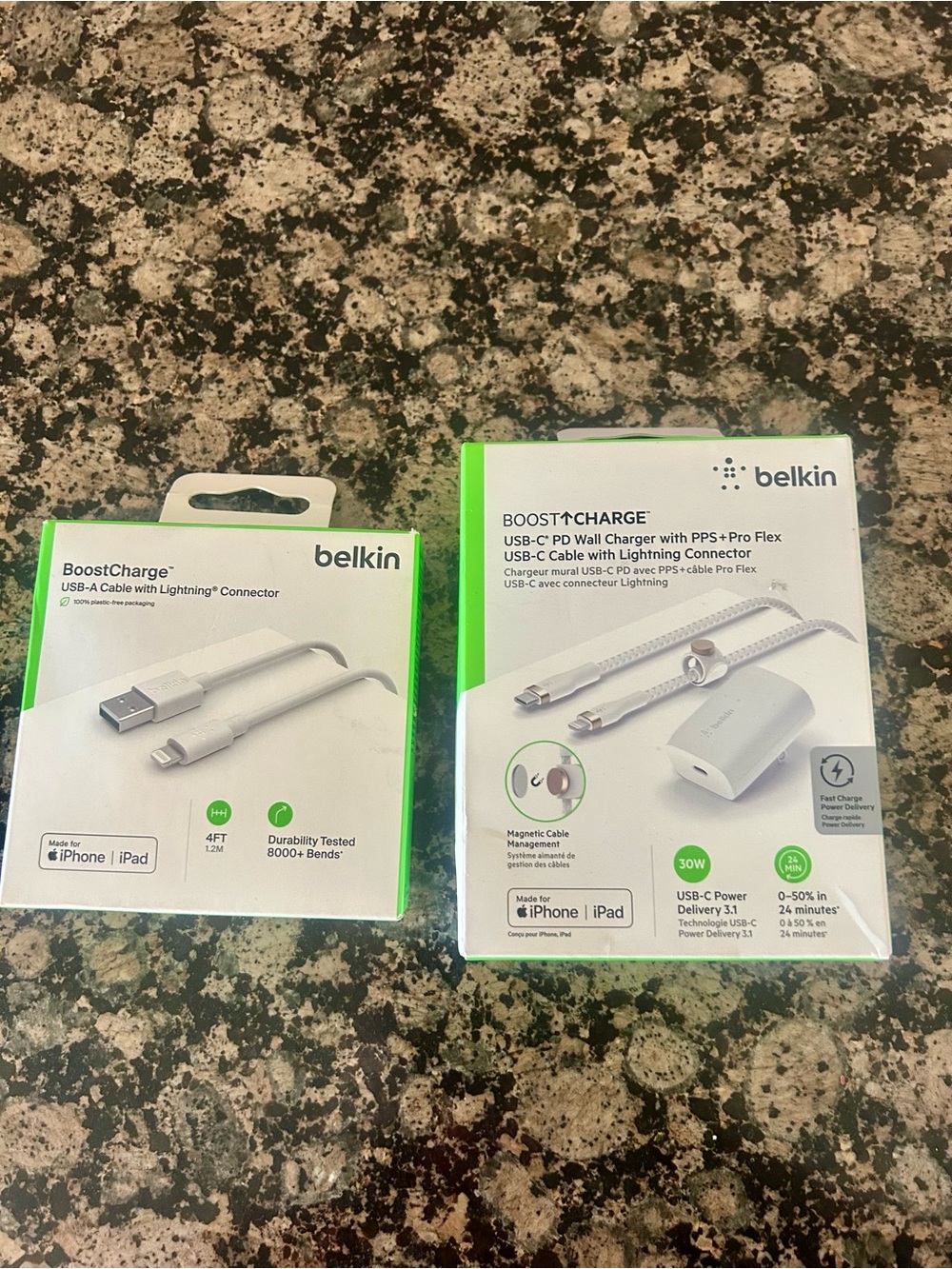 belkin White and Green BOOST↑CHARGE USB-C PD Wall Charger with Lightning Cable